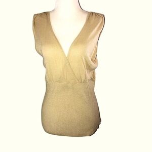 CARABELLA Stretch Gold Metallic Knit Ribbed Sleeveless Back Tie Top Sz L